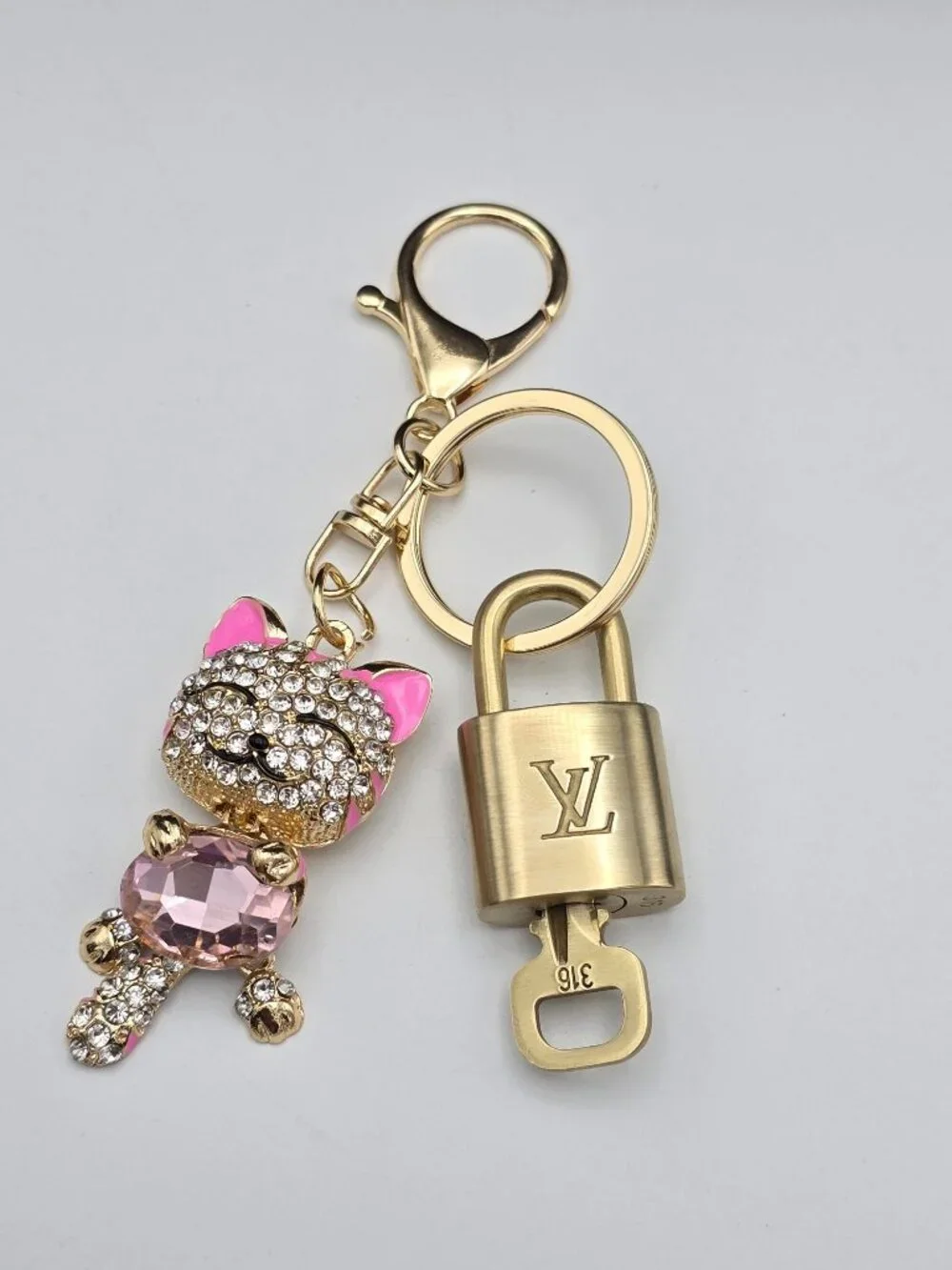 Authentic LV Gold Padlock & Key Set ✨Luxury Bag Charm w/ Unbranded Cat Keychain